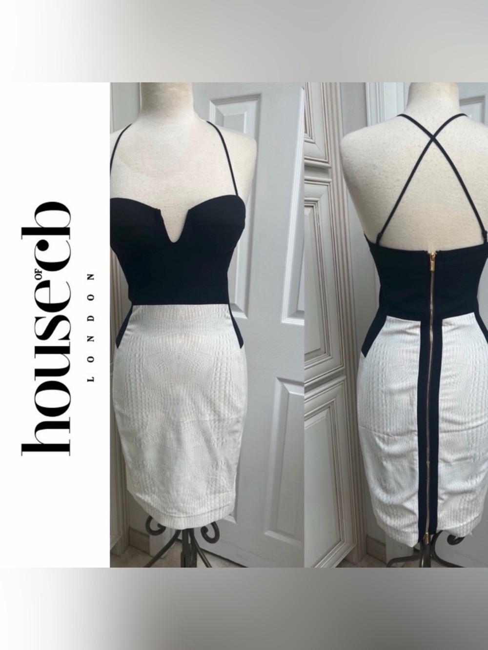 House of CB Black & White Contrast Lace-Effect Midi Dress